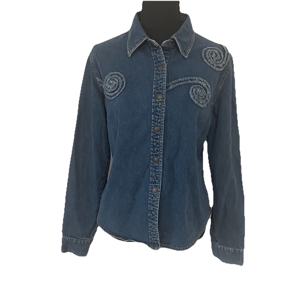 MOTH Anthro Sz L Blue Embellished Button Up Denim‎ Shirt Top Country Western